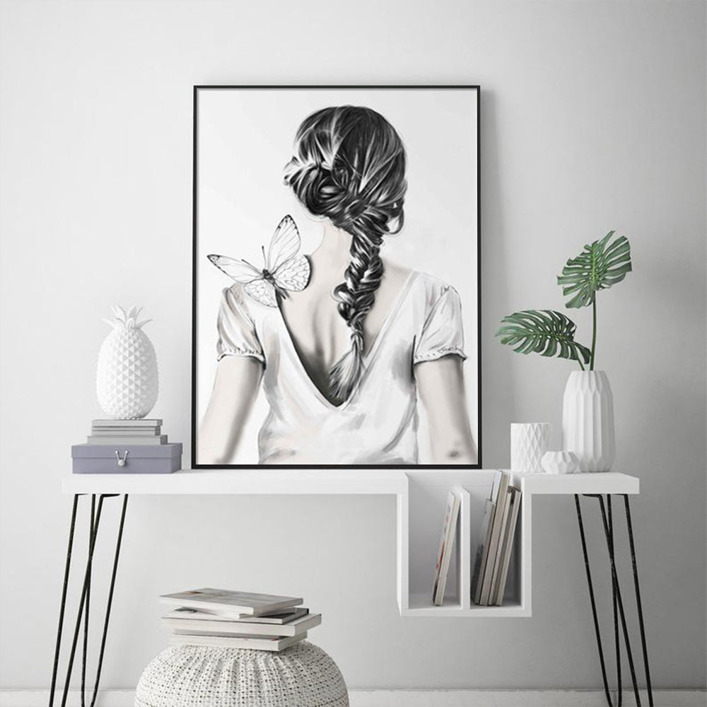 Wall Art 90cmx135cm Woman Back With Butterfly Black Frame Canvas