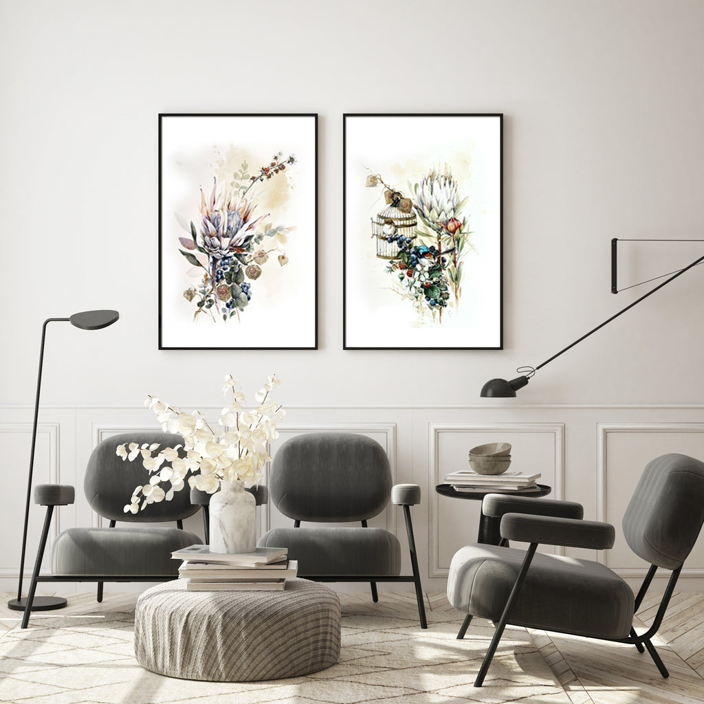 50cmx70cm Berries And Protea 2 Sets Black Frame Canvas Wall Art