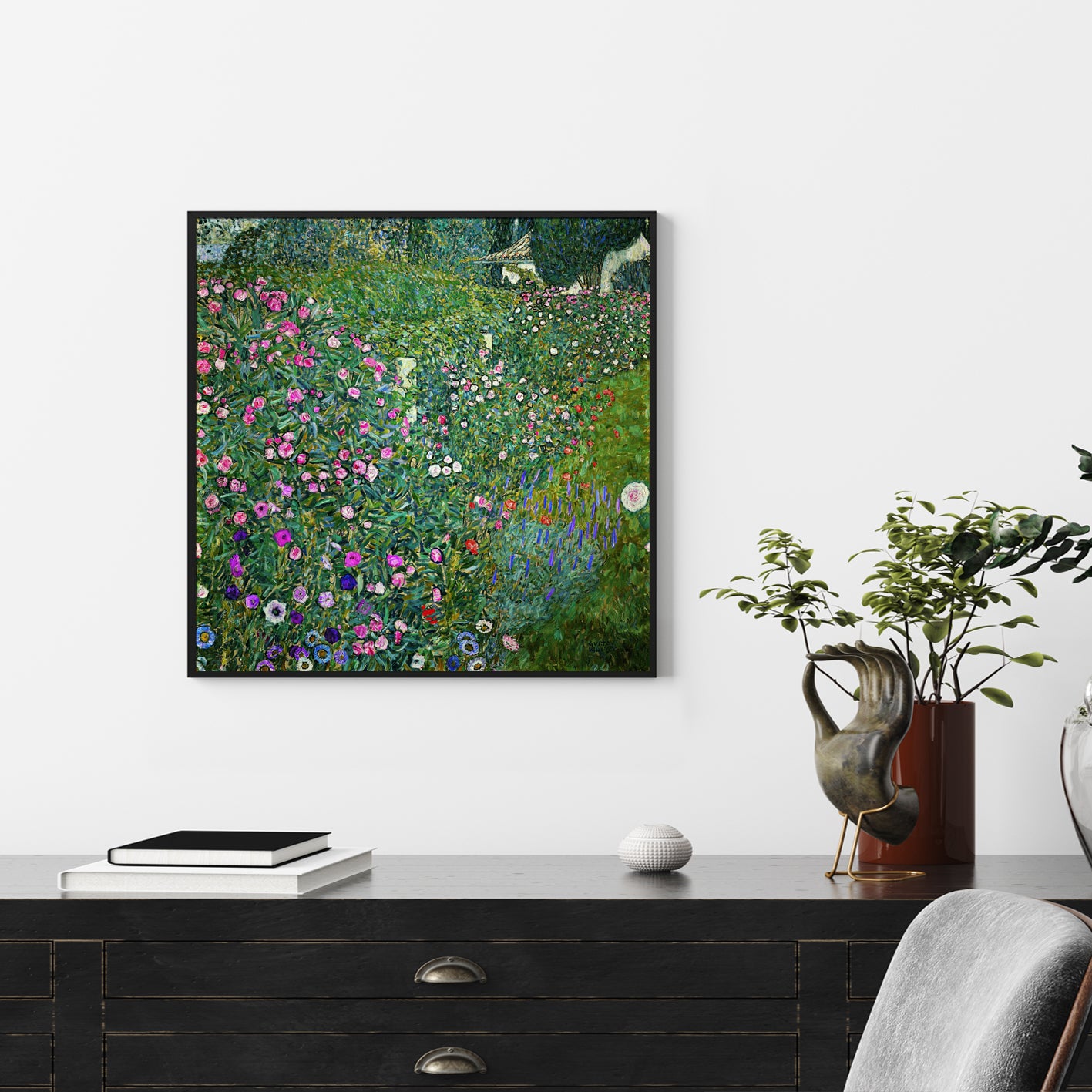 50cmx50cm Italian garden by Gustav Klimt Black Frame Canvas Wall Art