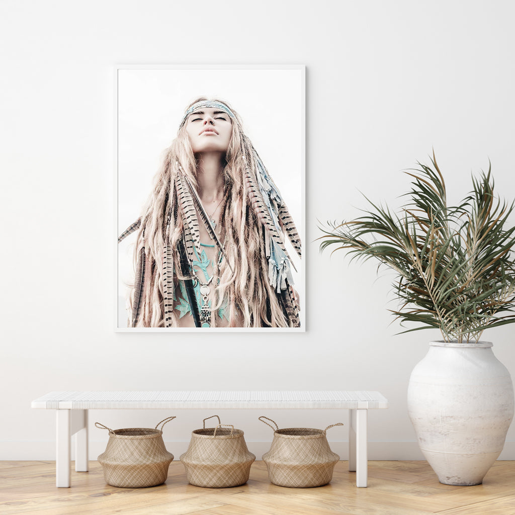 50cmx70cm BOHO Girl White Frame Canvas Wall Art