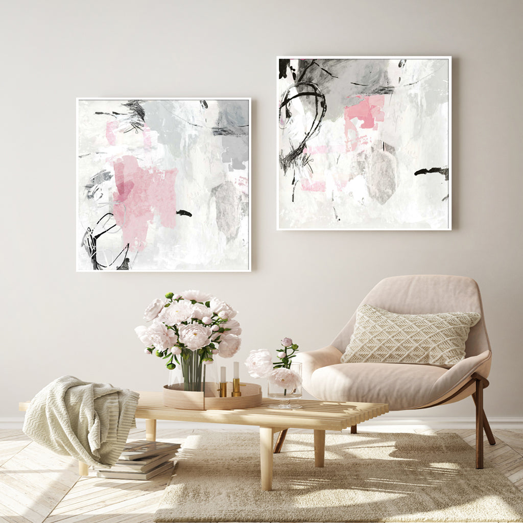 60cmx60cm Abstract Pink Grey 2 Sets White Frame Canvas Wall Art