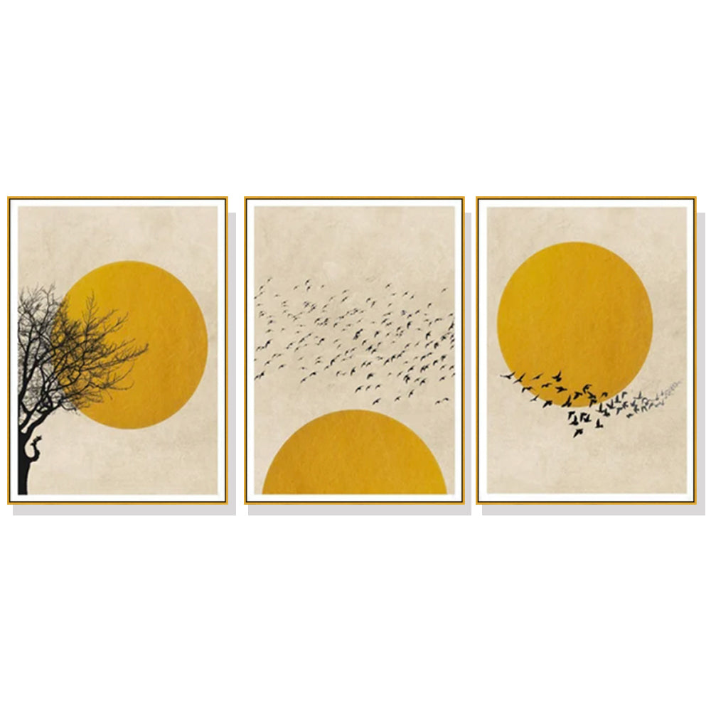 60cmx90cm Flock Of Birds Sun Silhouette 3 Sets Gold Frame Canvas Wall Art