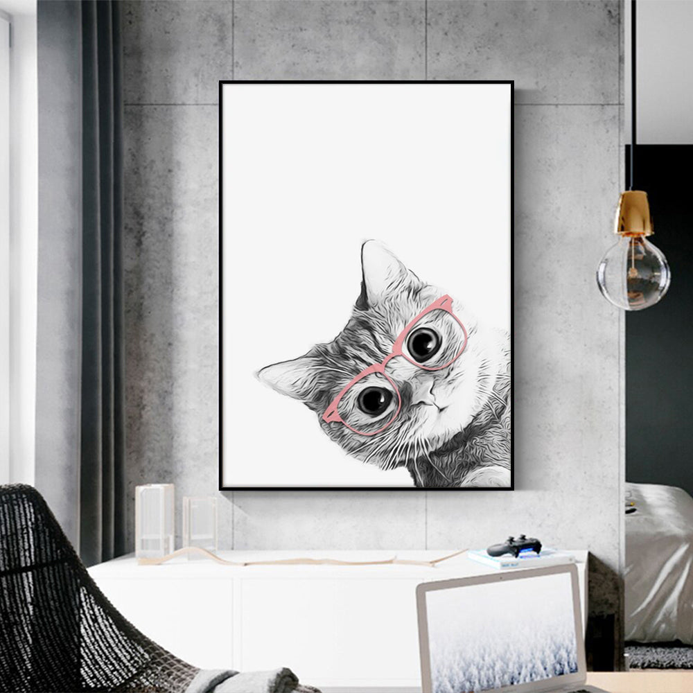 50cmx70cm Cat With Glasses Black Frame Canvas Wall Art