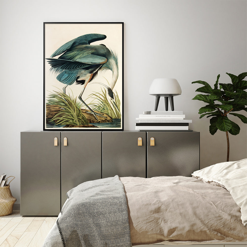 80cmx120cm Great Blue Heron By John James Audubon Black Frame Canvas Wall Art