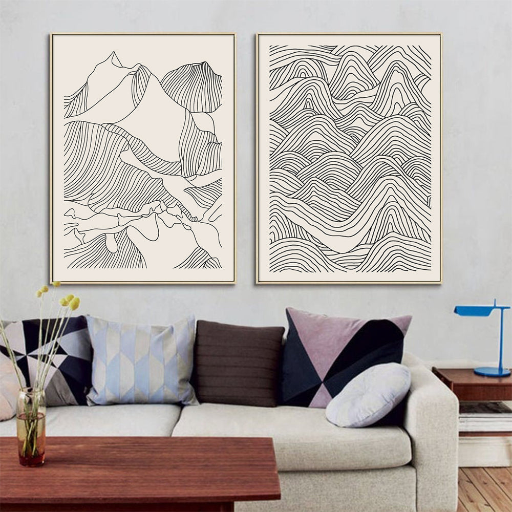 60cmx90cm Line Art Mountain 2 Sets Gold Frame Canvas Wall Art