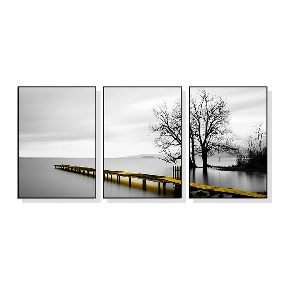 Wall Art 80cmx120cm Calm Lake Bridge Tree Scene 3 Sets Black Frame Canvas