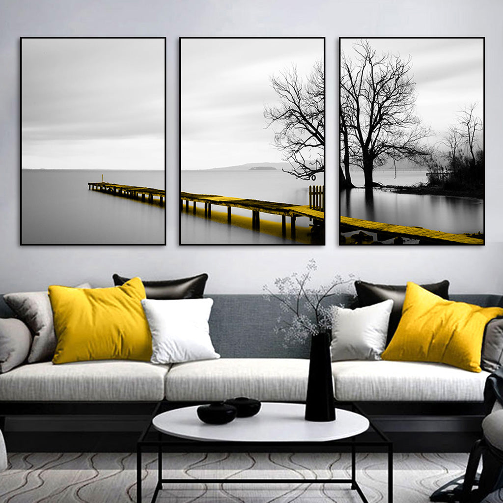 Wall Art 100cmx150cm Calm Lake Bridge Tree Scene 3 Sets Black Frame Canvas