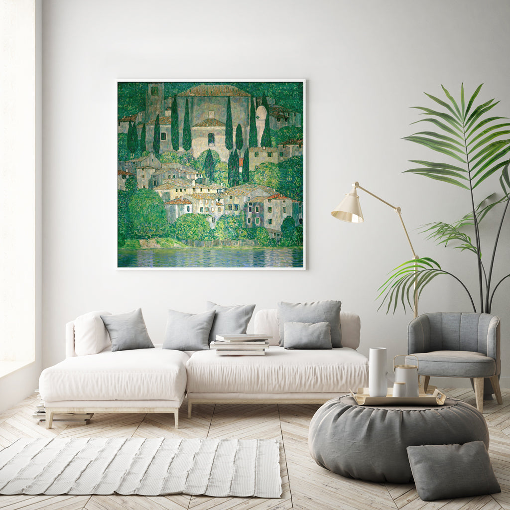 80cmx80cm Kirche In Cassone by Gustav Klimt White Frame Canvas Wall Art