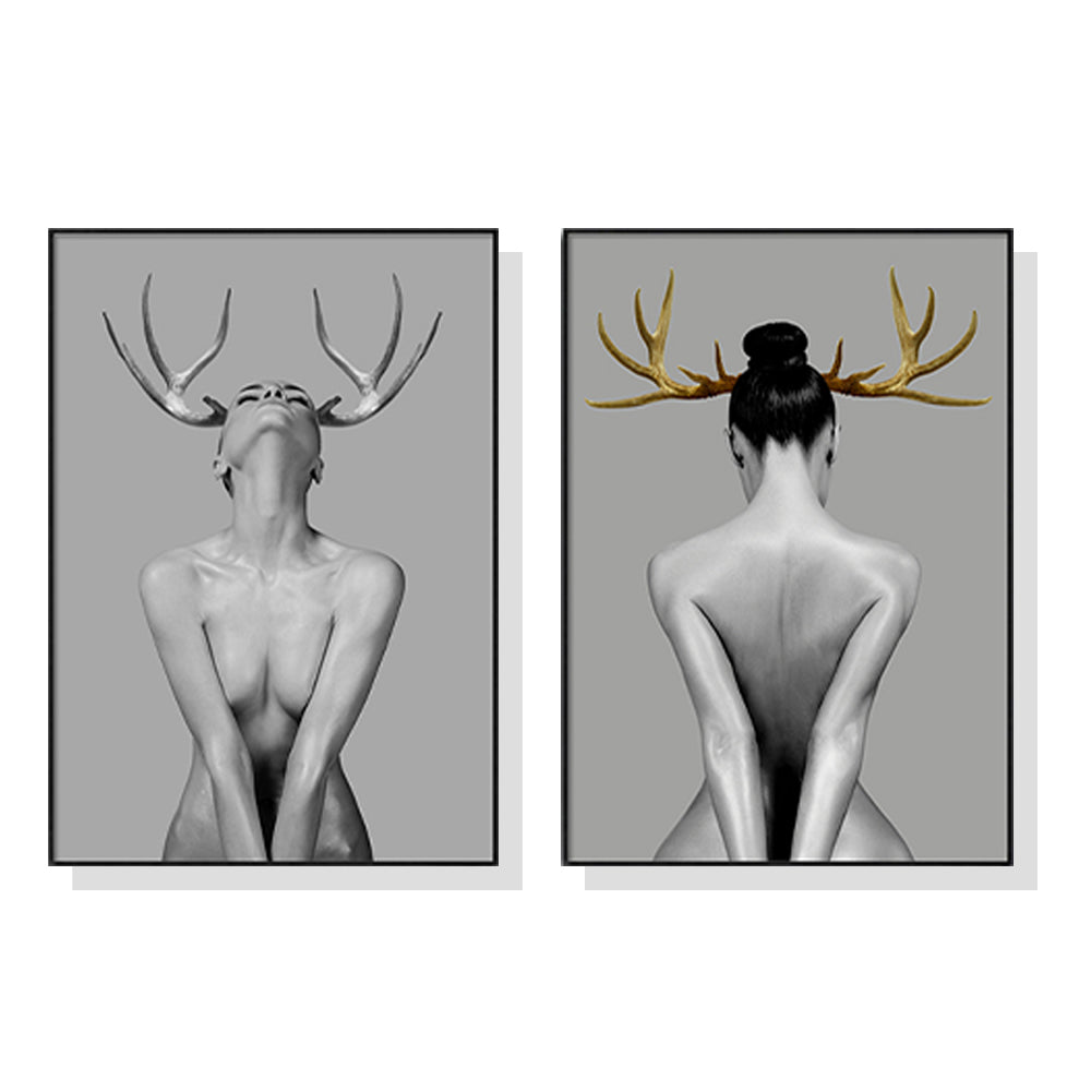 Wall Art 80cmx120cm Girl With Gold Horn 2 Sets Black Frame Canvas