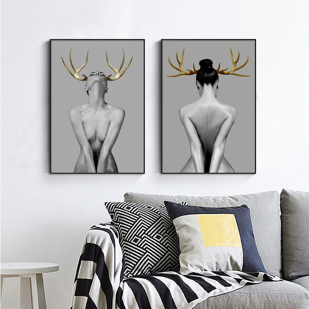 70cmx100cm Girl With Gold Horn 2 Sets Black Frame Canvas Wall Art