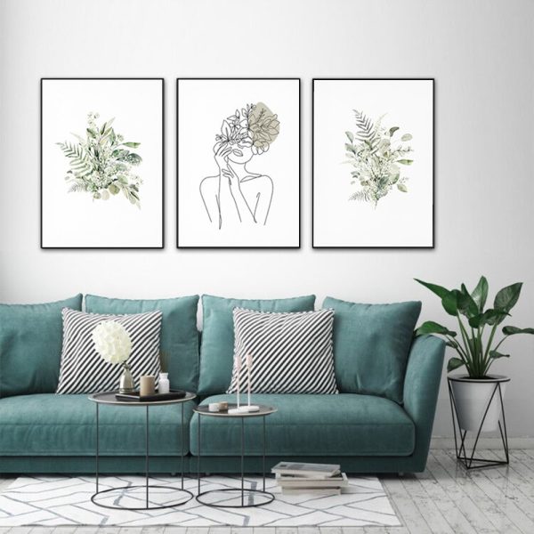 40cmx60cm Botanical Line Girl 3 Sets Black Frame Canvas Wall Art