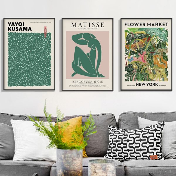 40cmx60cm Flower Market, Matisse Print, Yayoi Kusama 3 Sets Black Frame Canvas Wall Art