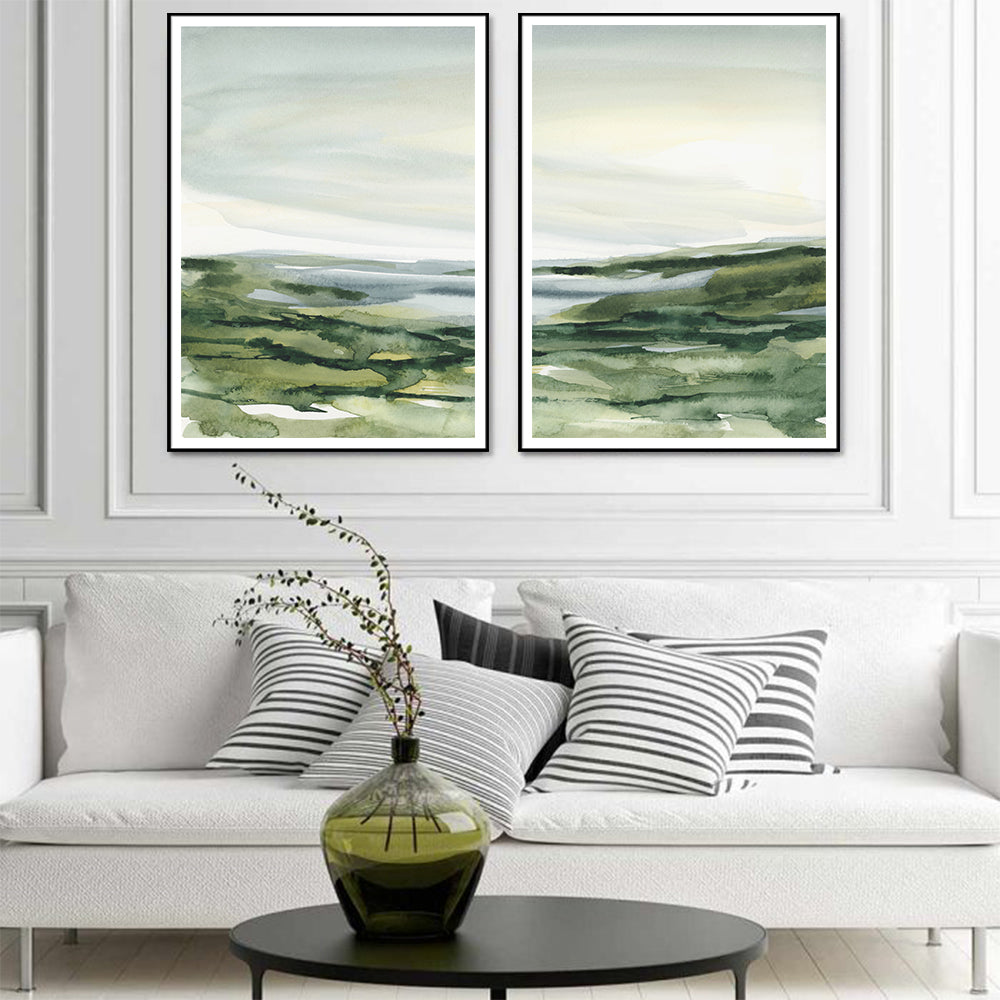 60cmx90cm Watercolor landscape 2 Sets Black Frame Canvas Wall Art