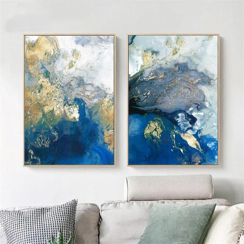 60cmx90cm Marbled Blue And Gold 2 Sets Gold Frame Canvas Wall Art