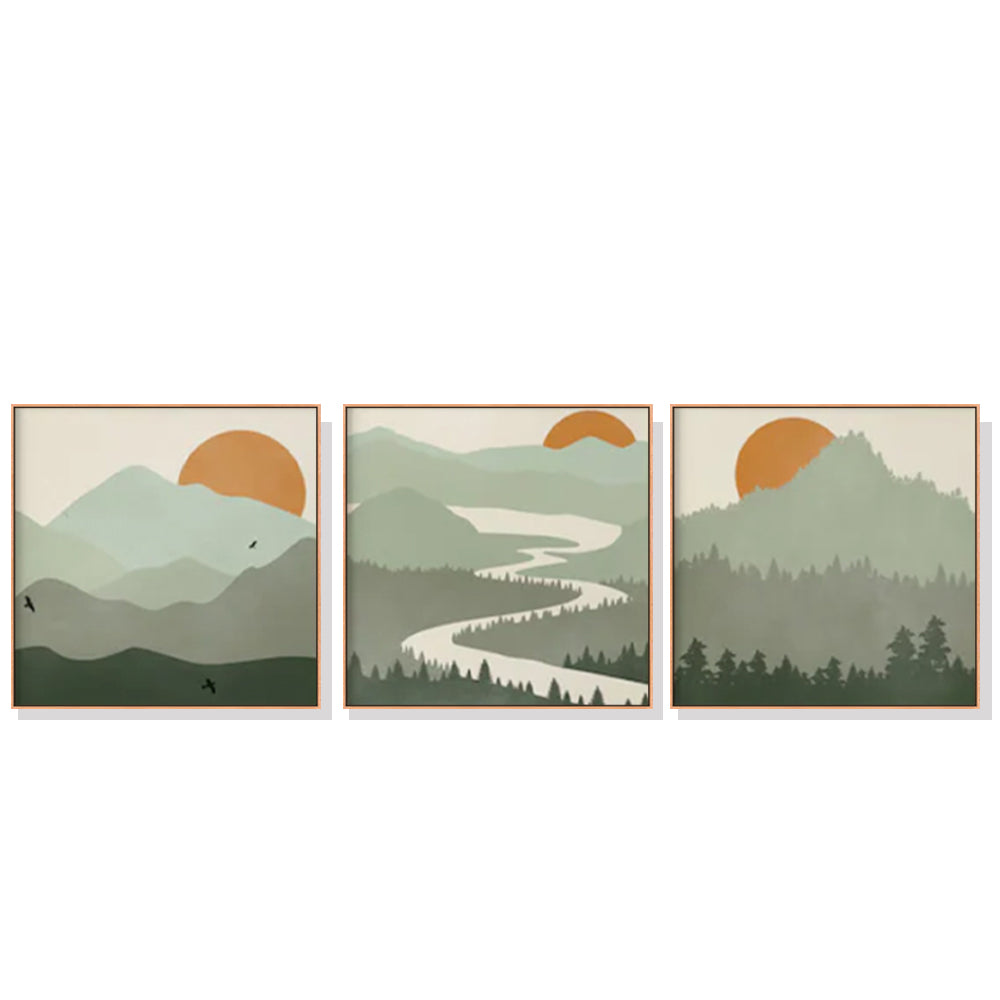 70cmx70cm Sage Green Landscapes 3 Sets Wood Frame Canvas Wall Art