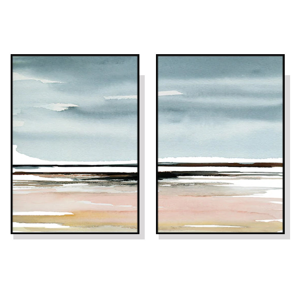 60cmx90cm Pink Beach Landscape 2 Sets Black Frame Canvas Wall Art