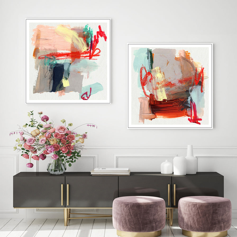 Wall Art 60cmx60cm Abstract Colourful Garden 2 Sets White Frame Canvas