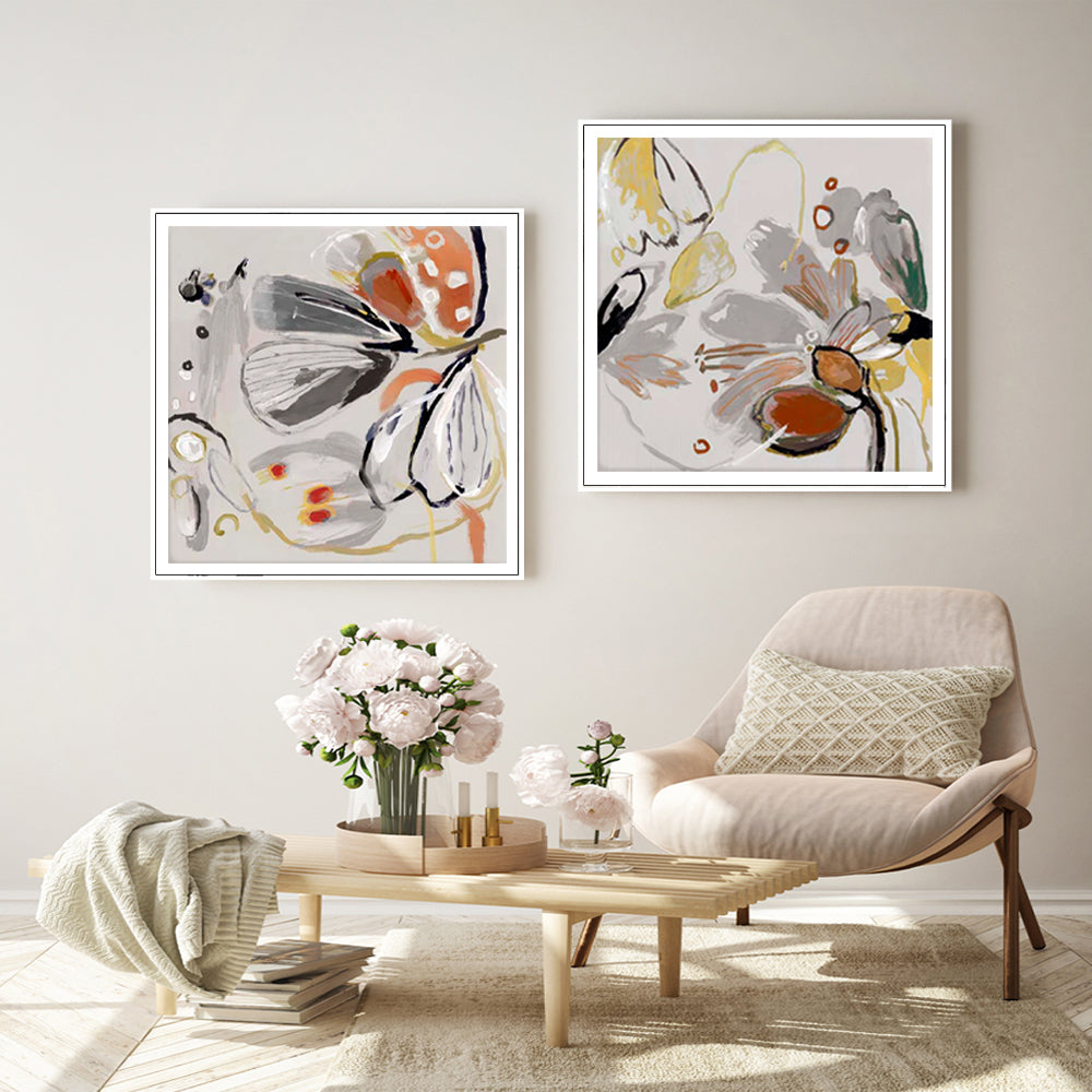 Wall Art 100cmx100cm Blooming Spring Floral 2 Sets White Frame Canvas