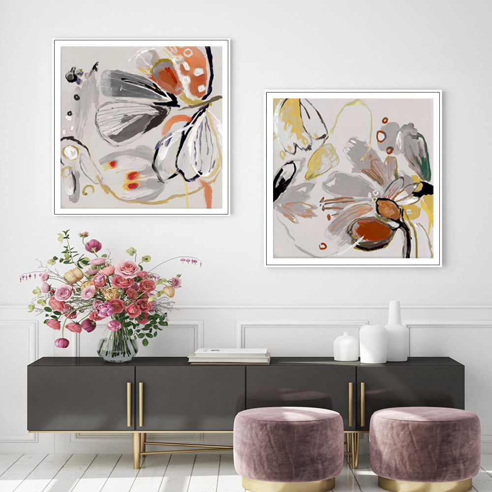 Wall Art 70cmx70cm Blooming Spring Floral 2 Sets White Frame Canvas