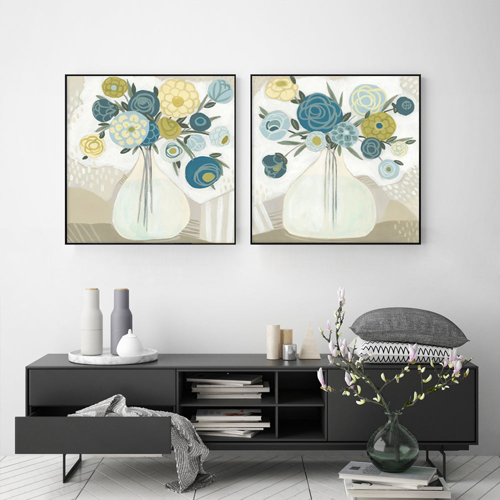 Wall Art 90cmx90cm Blue Bouquet 2 Sets Black Frame Canvas