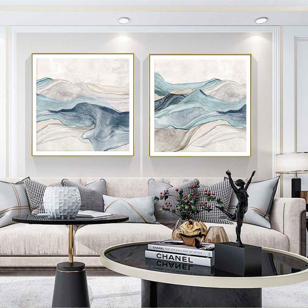 Wall Art 100cmx100cm Blue Mountain 2 Sets Gold Frame Canvas