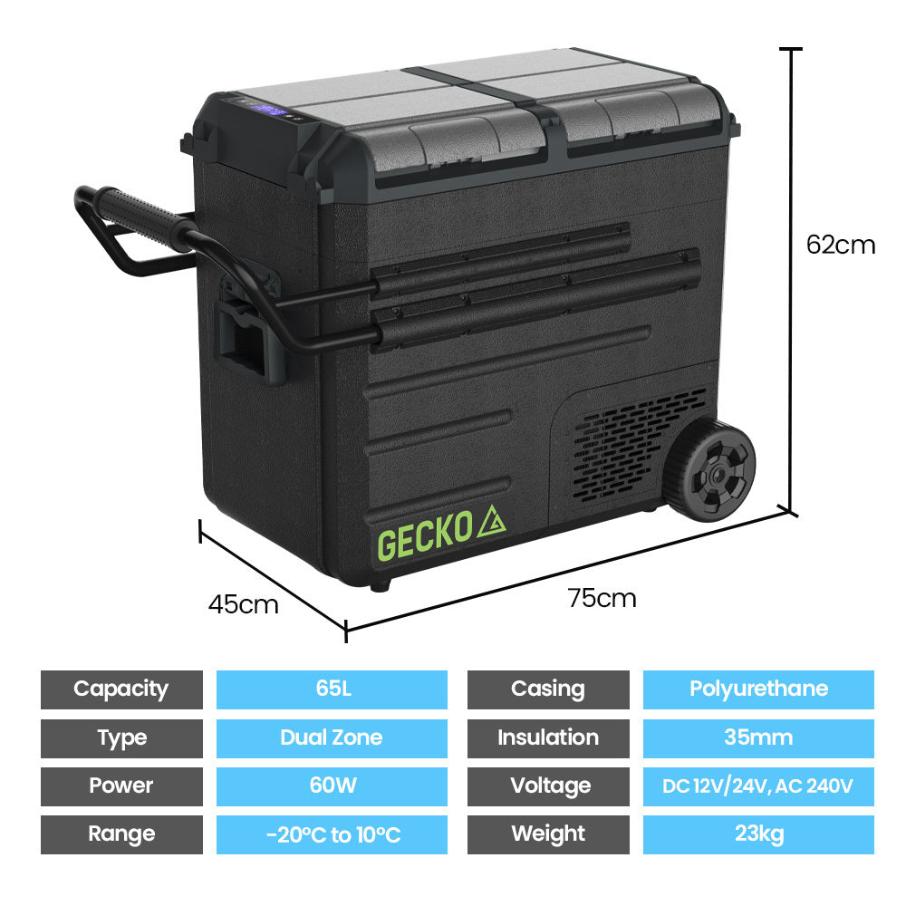 Gecko 65L Dual Zone Portable Fridge Freezer with onboard Lithium Battery, 12V/24V/240V, with 2 Doors, Wheels, for Camping, Car, Outings