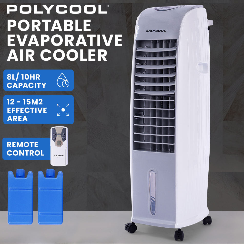 POLYCOOL 8L Portable Evaporative Air Cooler 24 Hour Timer 4 in 1 Cooling Fan, Grey and White