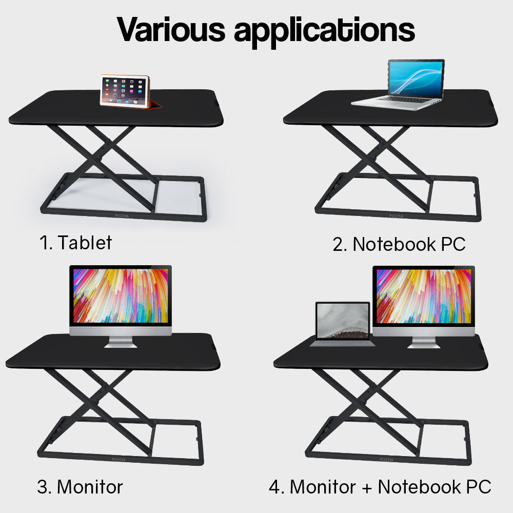 Fortia Desk Riser 74cm Wide Adjustable Sit to Stand for Dual Monitor, Keyboard, Laptop, Black