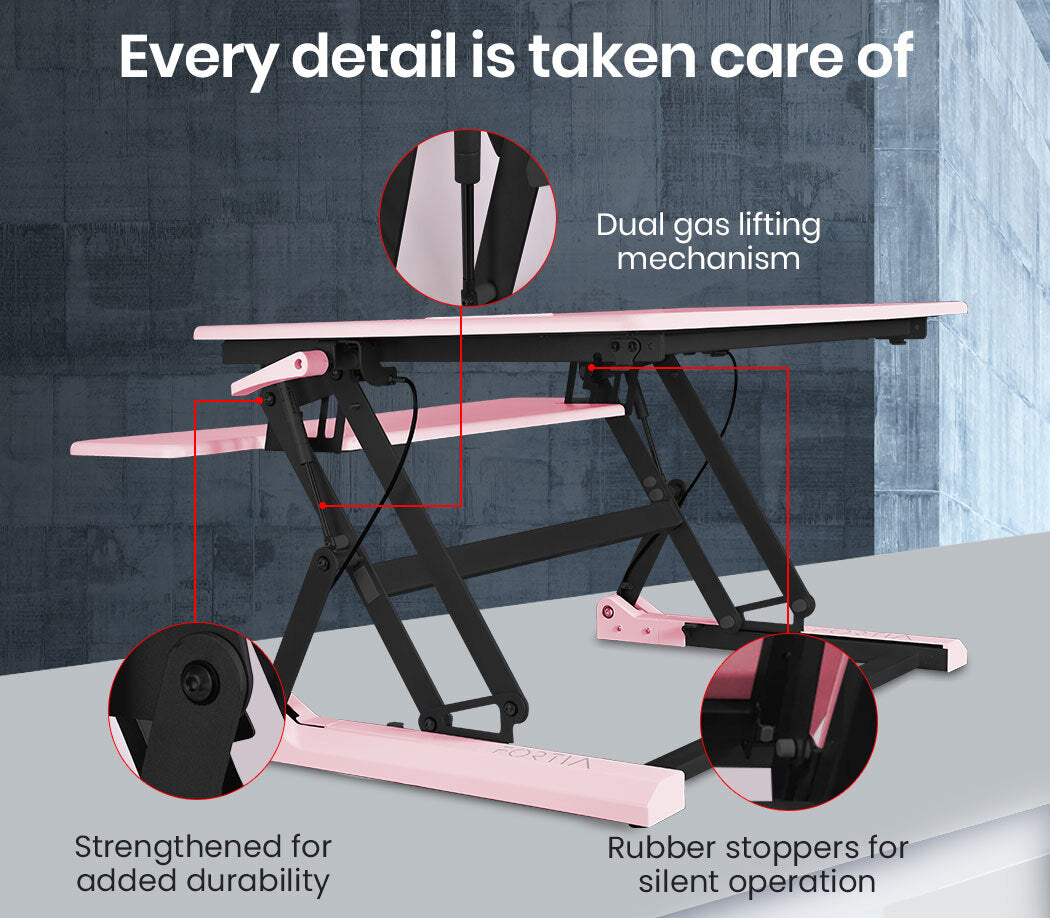 Fortia Desk Riser 90cm Wide Adjustable Sit to Stand for Dual Monitor, Keyboard, Laptop, Pink