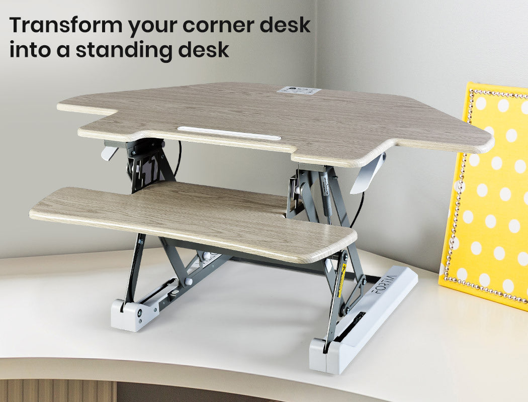 Fortia Corner Desk Riser 110cm Wide Adjustable Sit to Stand for Dual Monitor, Keyboard, Laptop, Beech