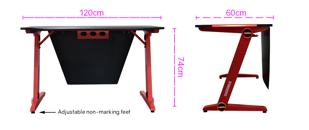 OVERDRIVE Gaming Desk 120cm  Computer Black PC Red LED Lights Carbon Fiber Look