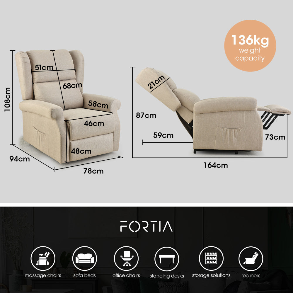 FORTIA Electric Recliner Lift Heat Chair for Elderly, Massage, Heat Therapy, Aged Care, Beige