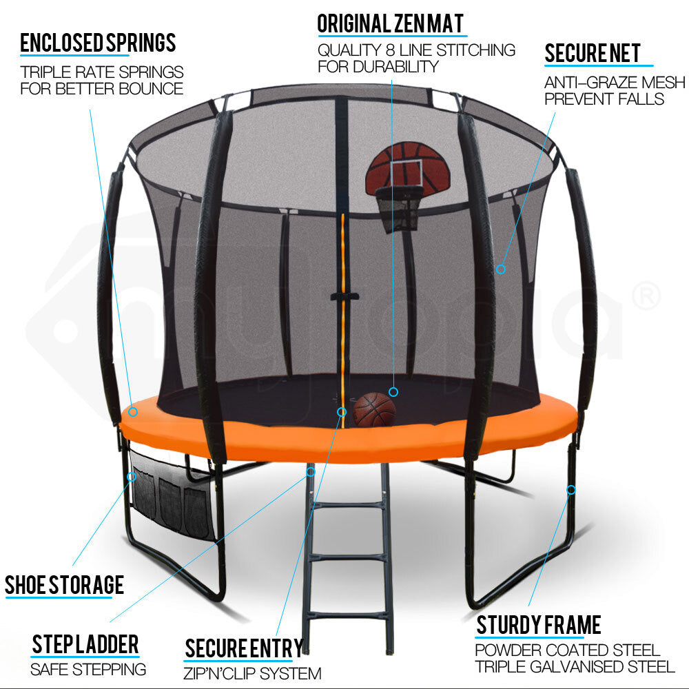 UP-SHOT 10ft Round Kids Trampoline with Curved Pole Design, Basketball Set and Sprinkler Accessory, Black and Orange