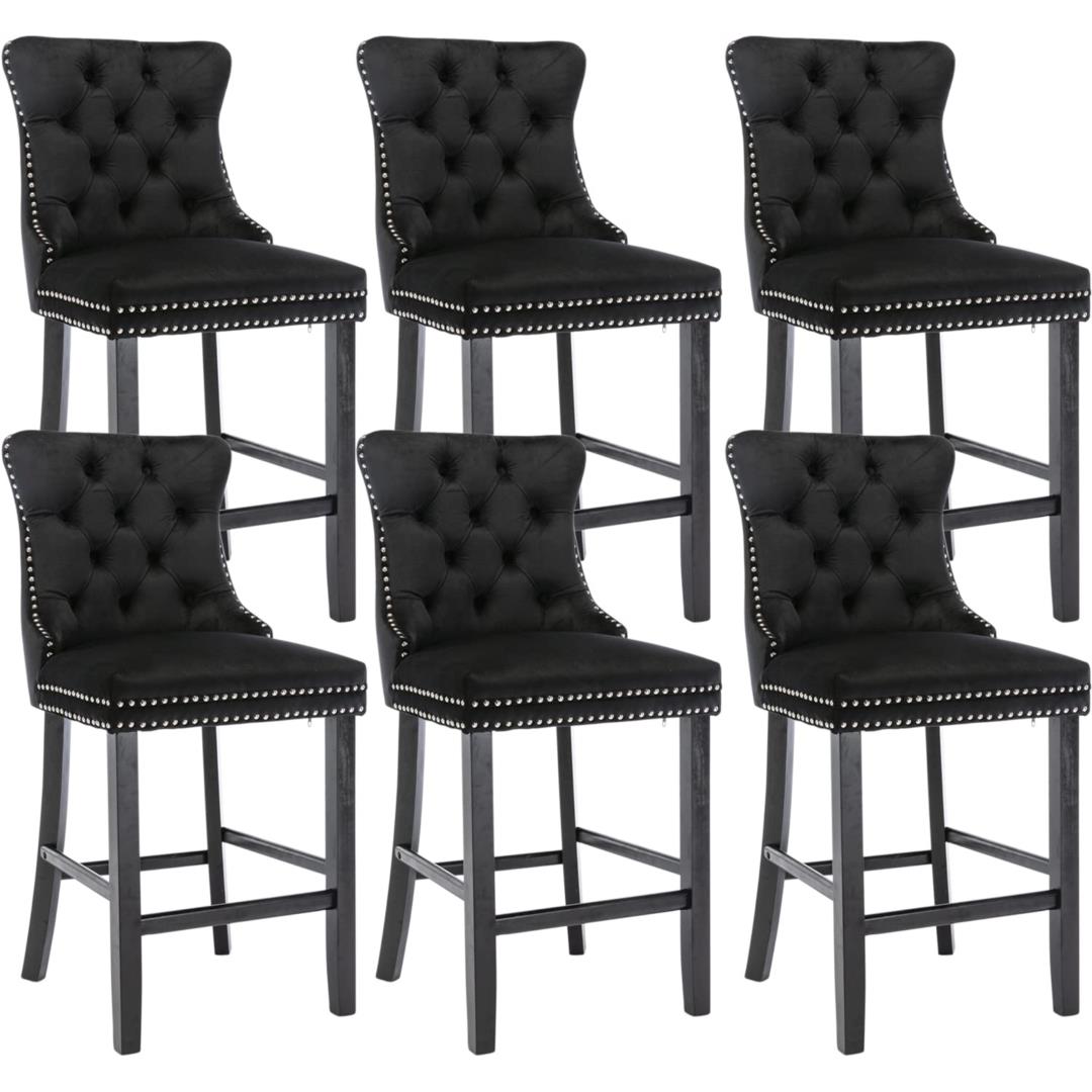 6X Velvet Bar Stools with Studs Trim Wooden Legs Tufted Dining Chairs Kitchen