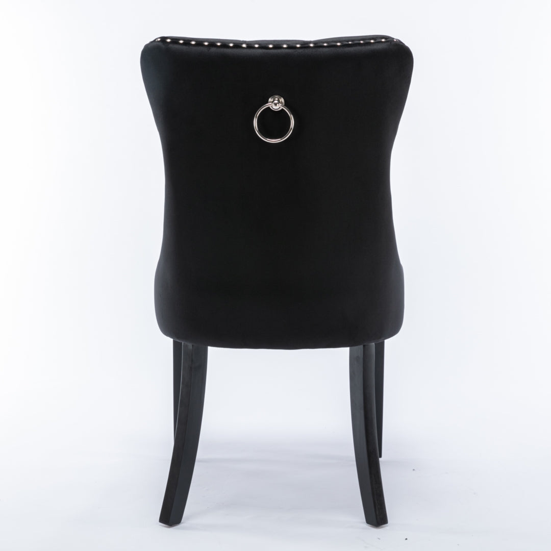 4x Velvet Dining Chairs Upholstered Tufted Kithcen Chair with Solid Wood Legs Stud Trim and Ring-Black