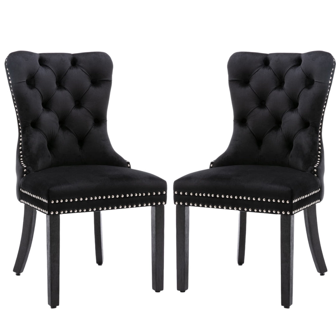 6x Velvet Dining Chairs Upholstered Tufted Kithcen Chair with Solid Wood Legs Stud Trim and Ring-Black