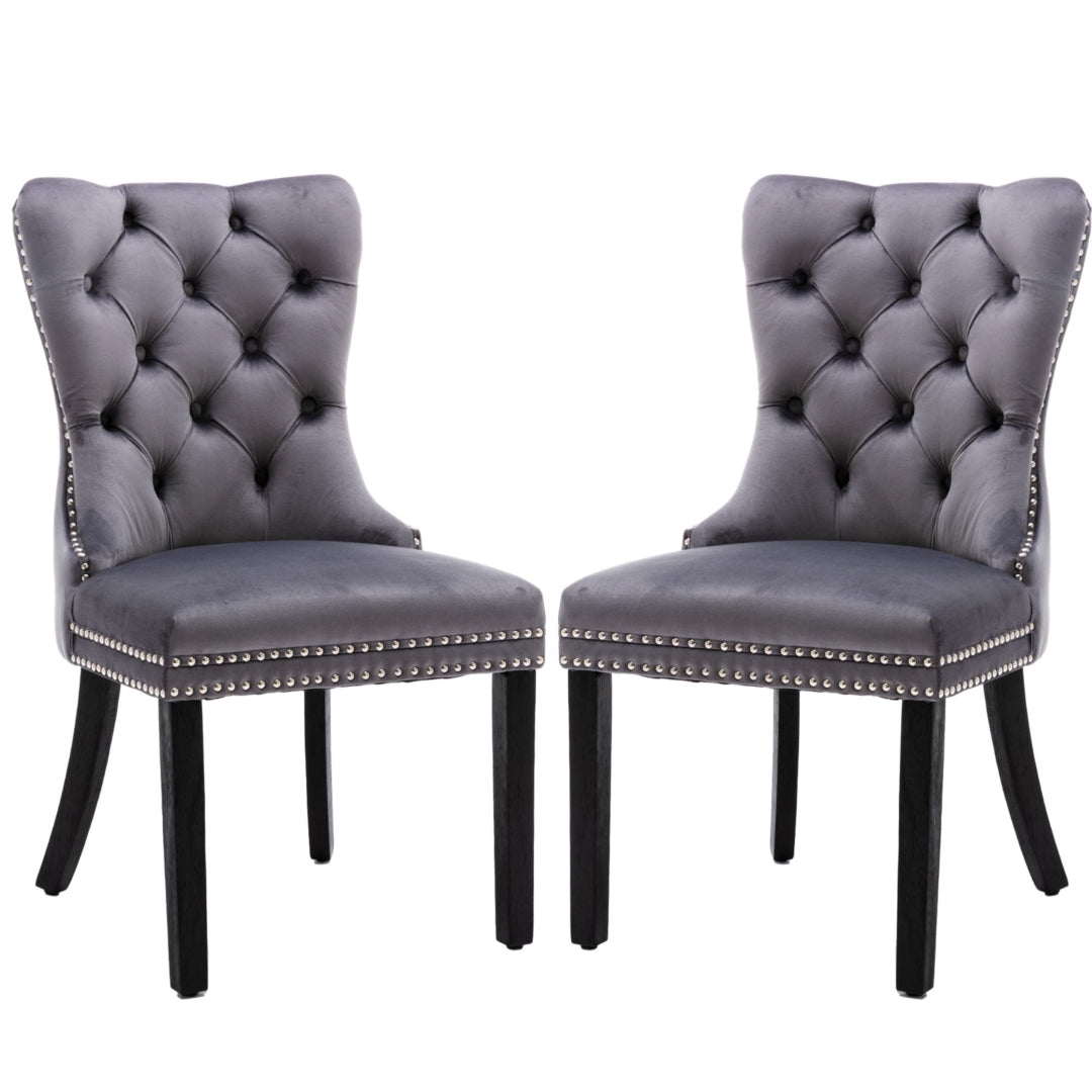 4x Velvet Dining Chairs Upholstered Tufted Kithcen Chair with Solid Wood Legs Stud Trim and Ring-Gray