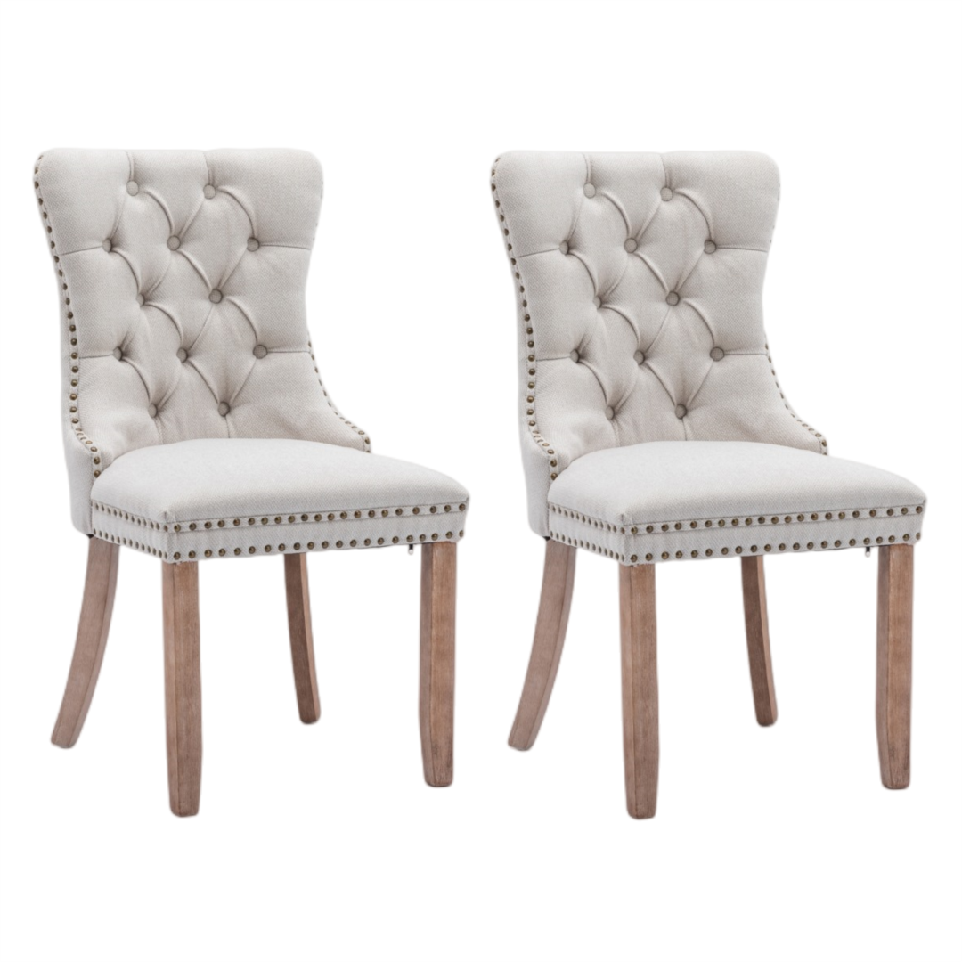 4x AADEN Modern Elegant Button-Tufted Upholstered Fabric with Studs Trim and Wooden legs Dining Side Chair-Beige