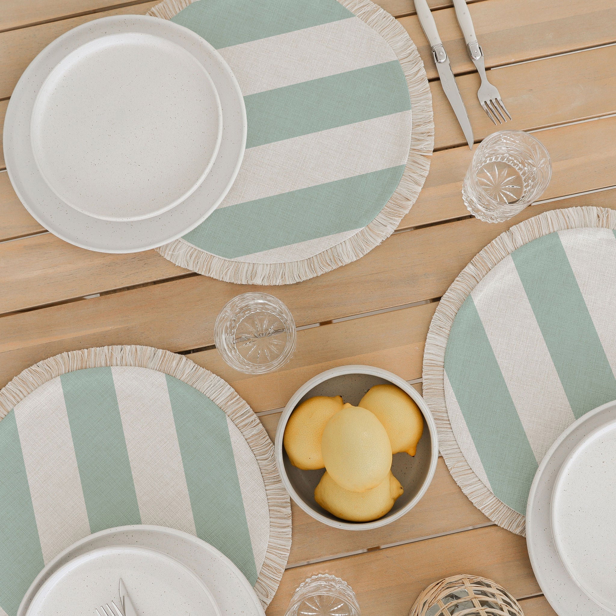 Round Placemat-Coastal Fringe-Deck Stripe Mint-40cm