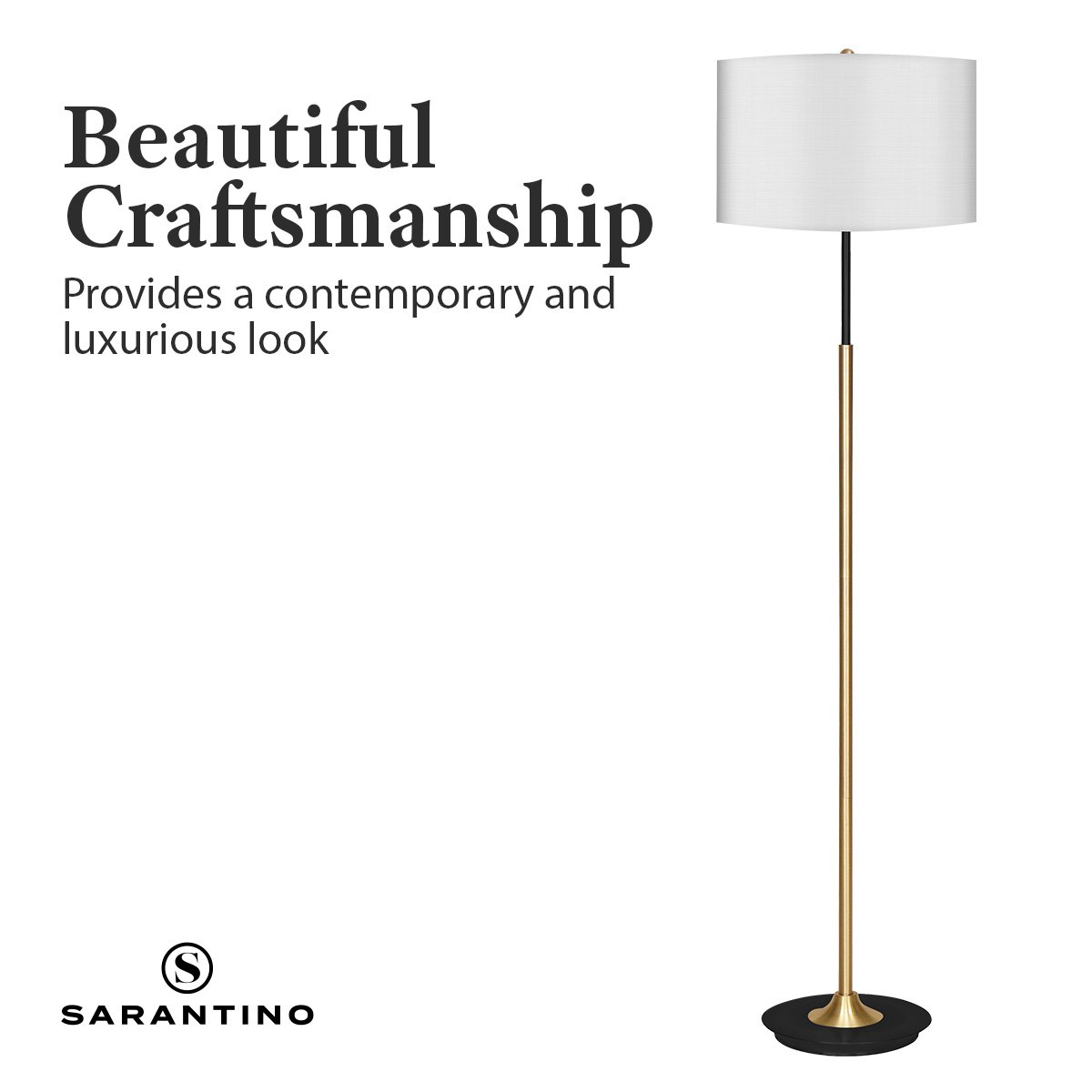 Sarantino Metal Floor Lamp Brushed Brass Finish with White Shade