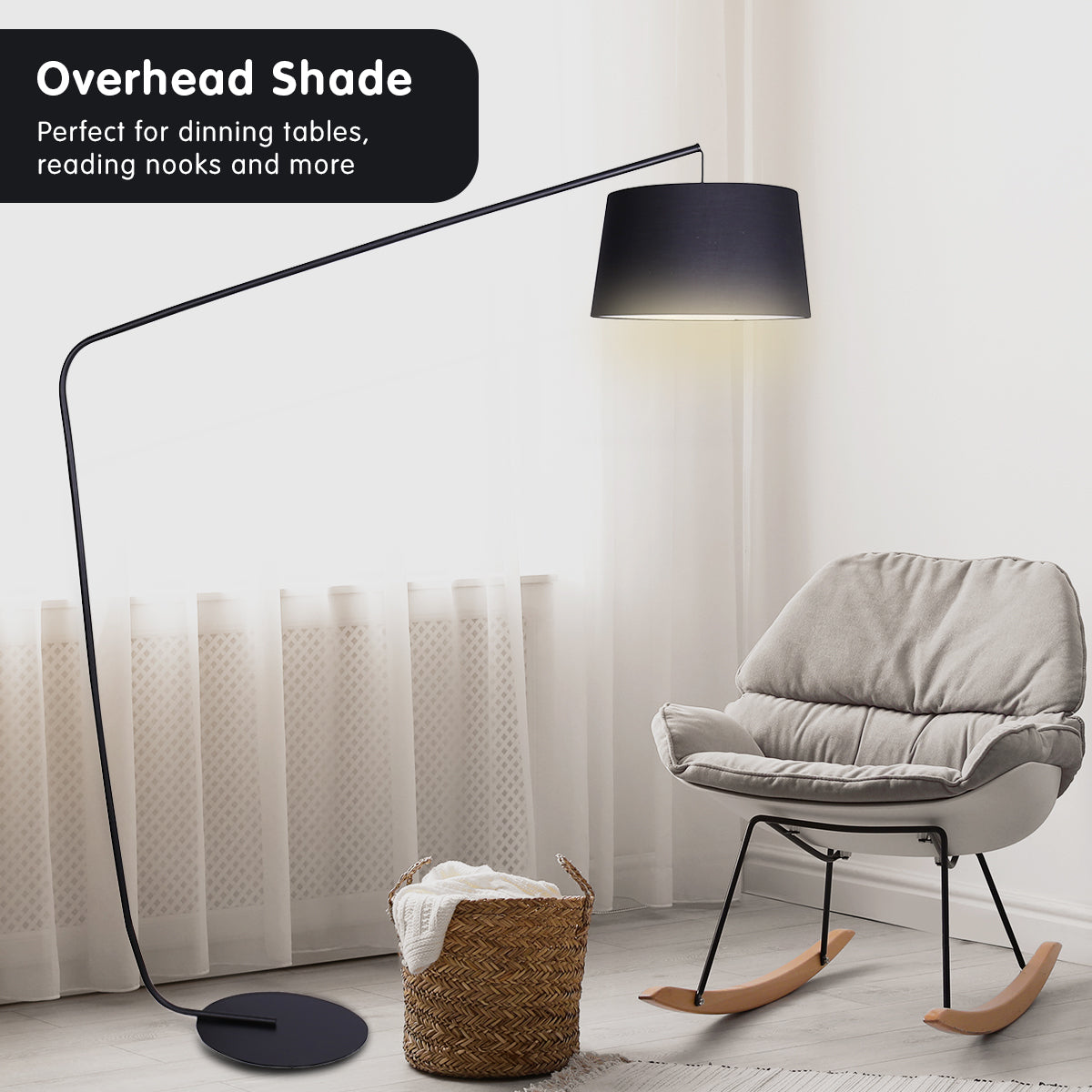 Sarantino Metal Arc Floor Lamp in Black Finish with Linen Taper Shade