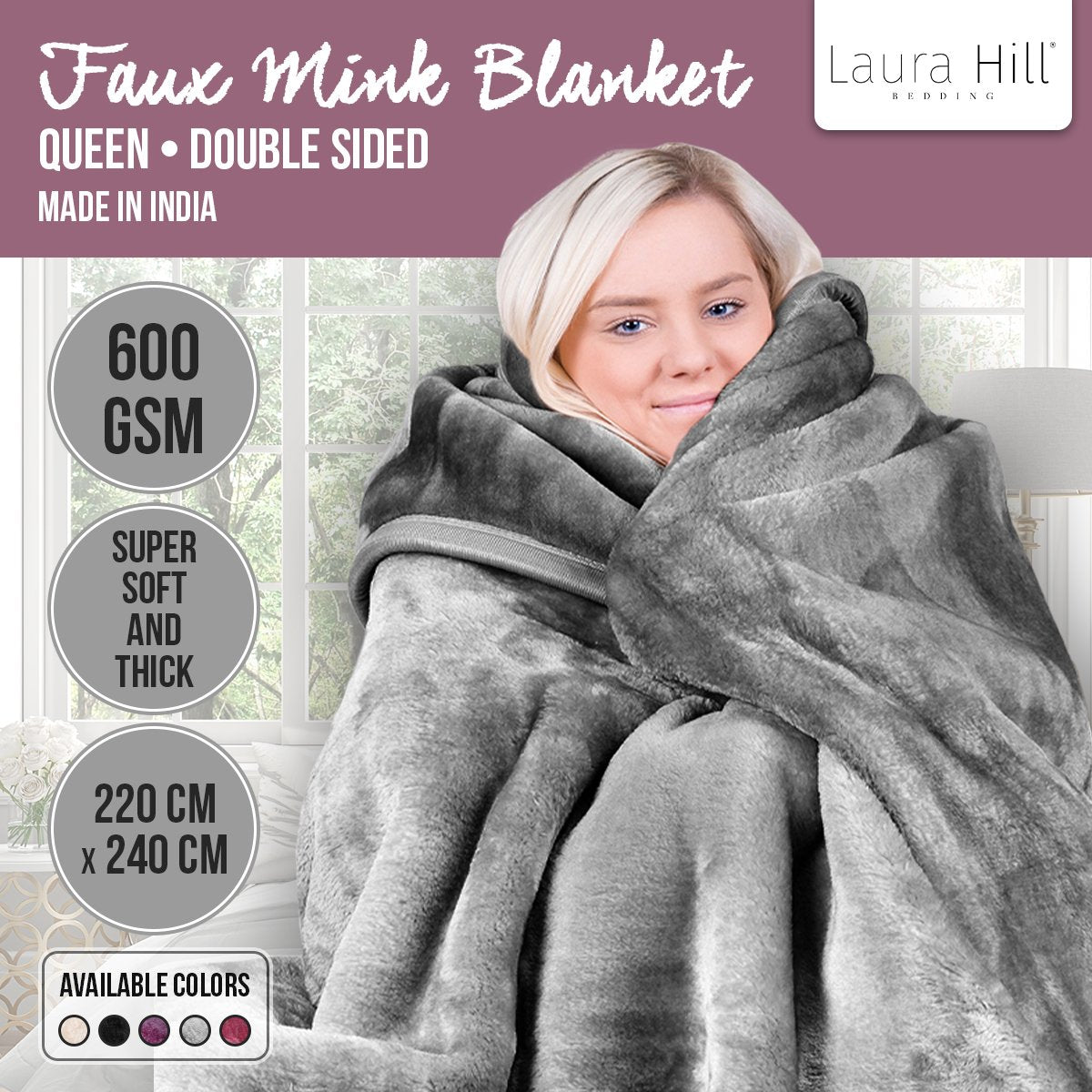 Laura Hill Mink Blanket Double Sided Queen Size Soft Plush Bed Faux Throw Rug 220 X 240cm