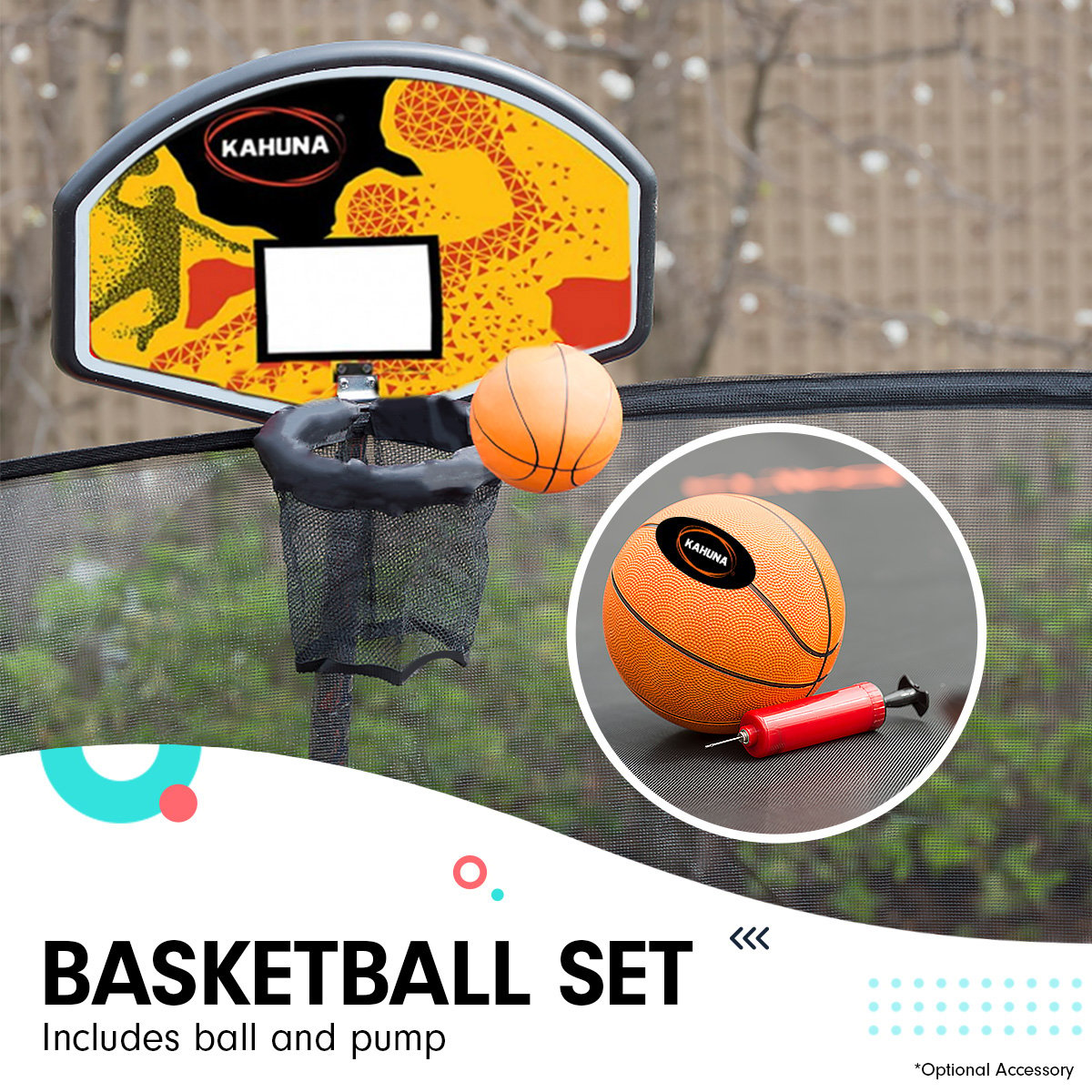 Kahuna 8ft x 11ft Outdoor Rectangular Rainbow Trampoline With Safety Enclosure And Basketball Hoop Set.