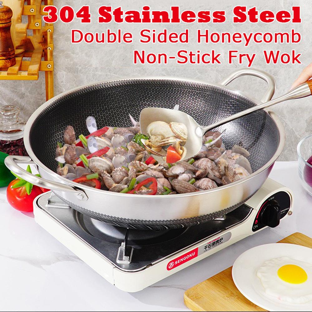 304 Stainless Steel 34cm Double Ear Non-Stick Stir Fry Cooking Kitchen Wok Pan Without Lid Honeycomb Double Sided