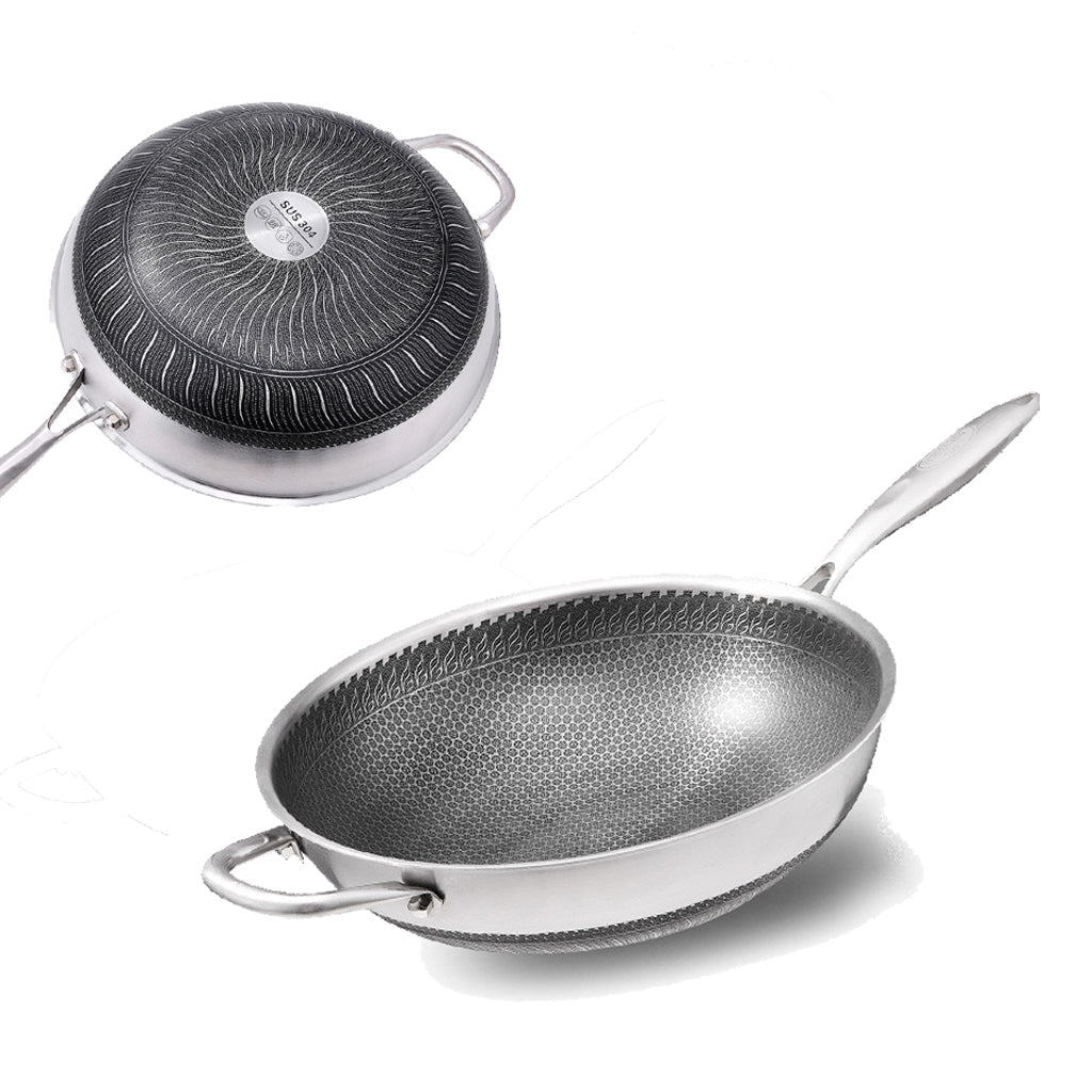 34cm 304 Stainless Steel Non-Stick Stir Fry Cooking Kitchen Wok Pan without Lid Honeycomb Double Sided