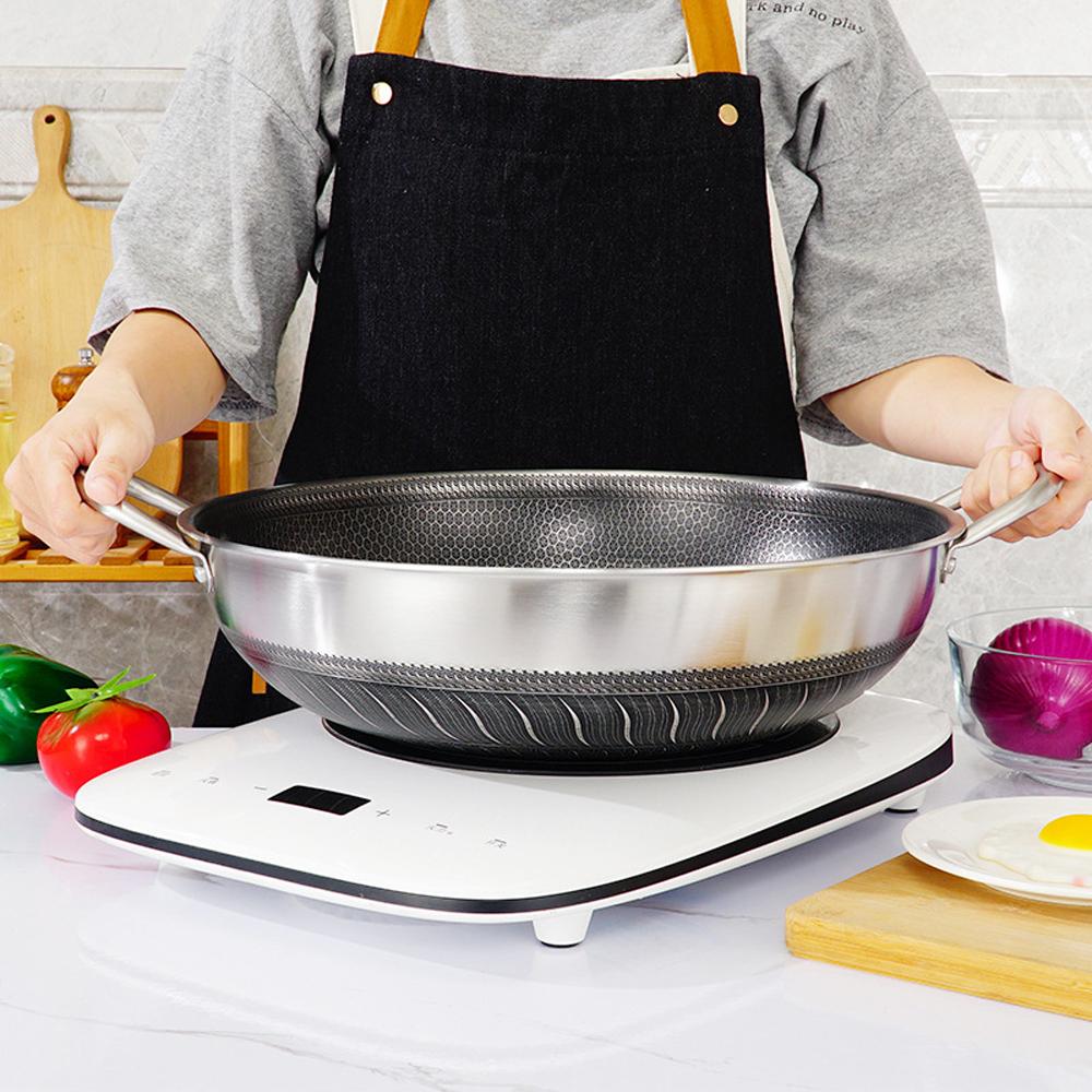 304 Stainless Steel 40cm Double Ear Non-Stick Stir Fry Cooking Kitchen Wok Pan without Lid Honeycomb Double Sided