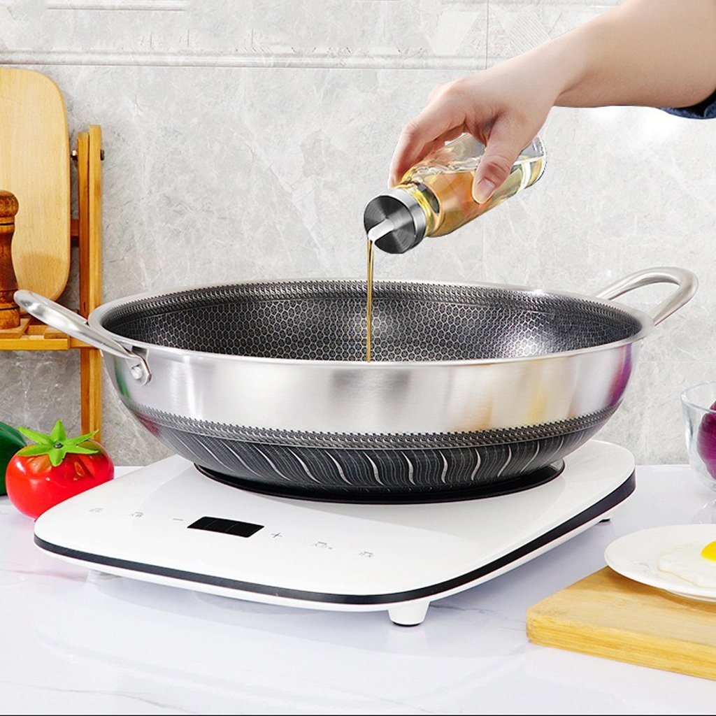 304 Stainless Steel 40cm Double Ear Non-Stick Stir Fry Cooking Kitchen Wok Pan without Lid Honeycomb Double Sided