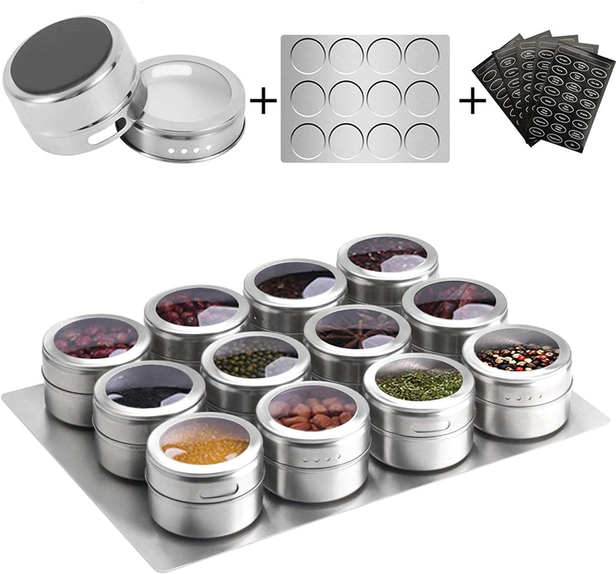 Magnetic Spice Jars Containers Spice Tins Wall Mounted Stainless Steel Base New 12PCS