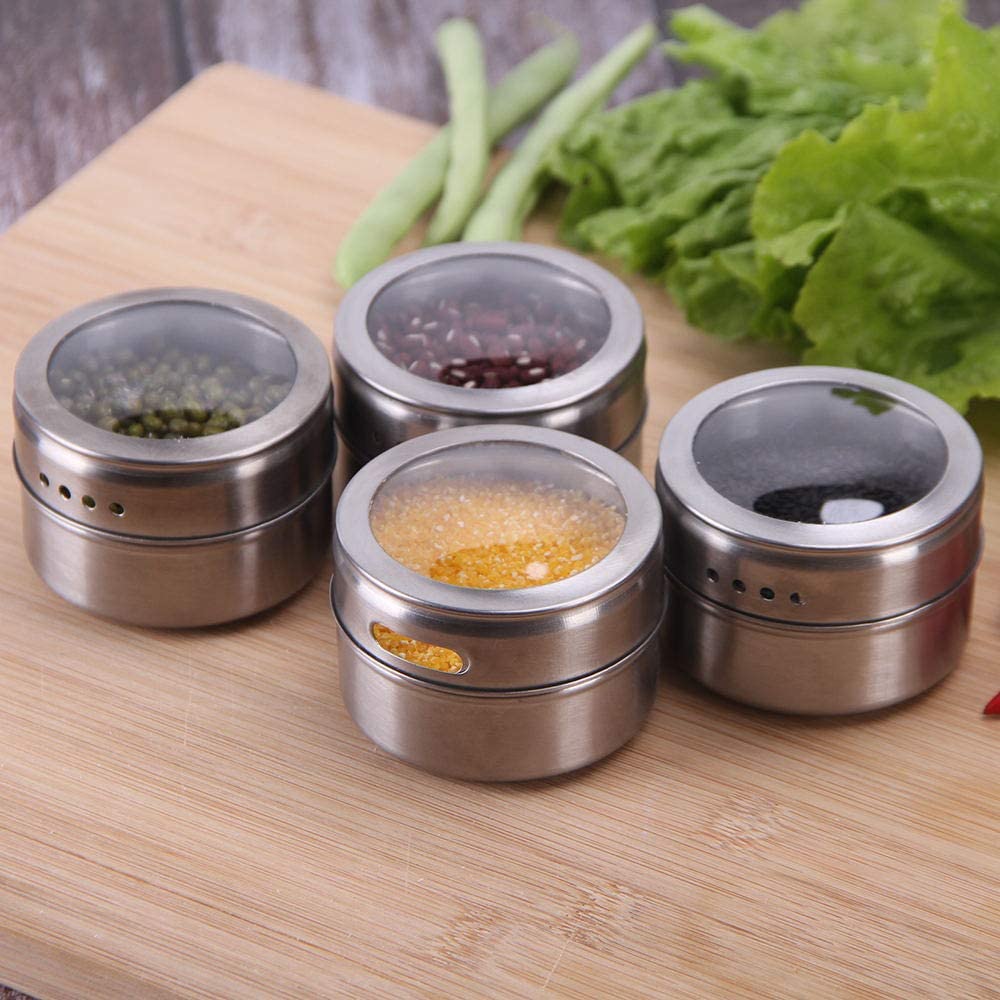 Magnetic Spice Jars Containers Spice Tins Wall Mounted Stainless Steel Base New 15PCS