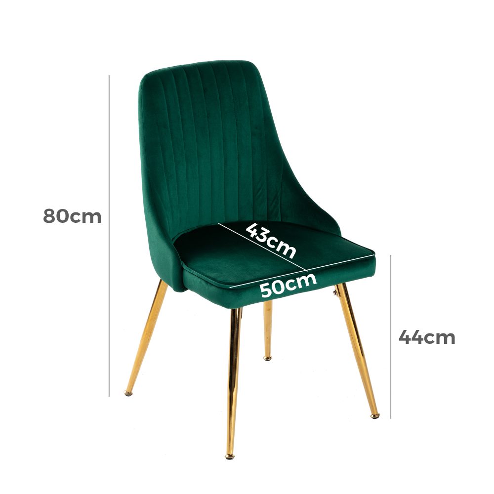 Viva Forever Set of 2 Green Velvet Dining Chairs-Art Deco Design with Gold Metal Legs